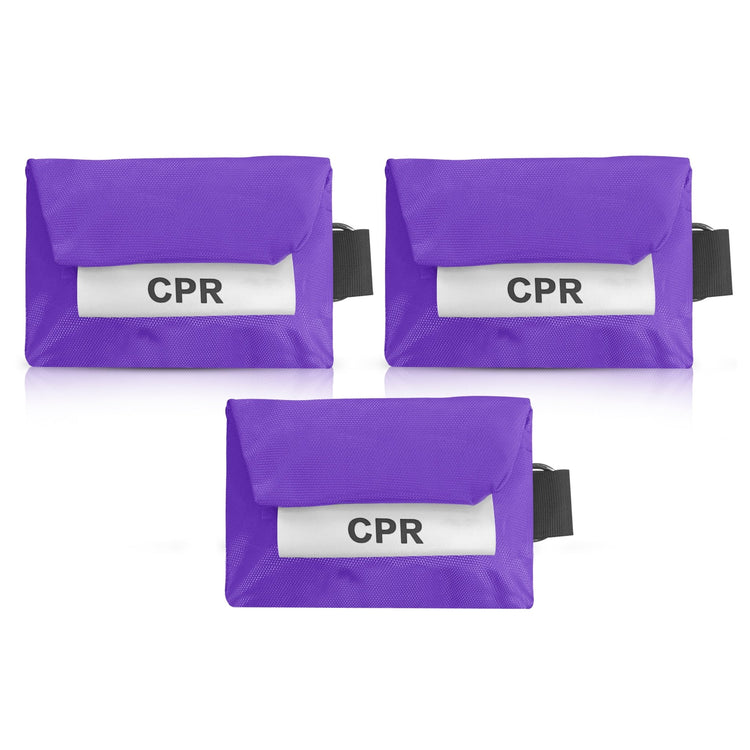 A set of three identical purple CPR keychain pouches with white labels arranged in a triangular group.