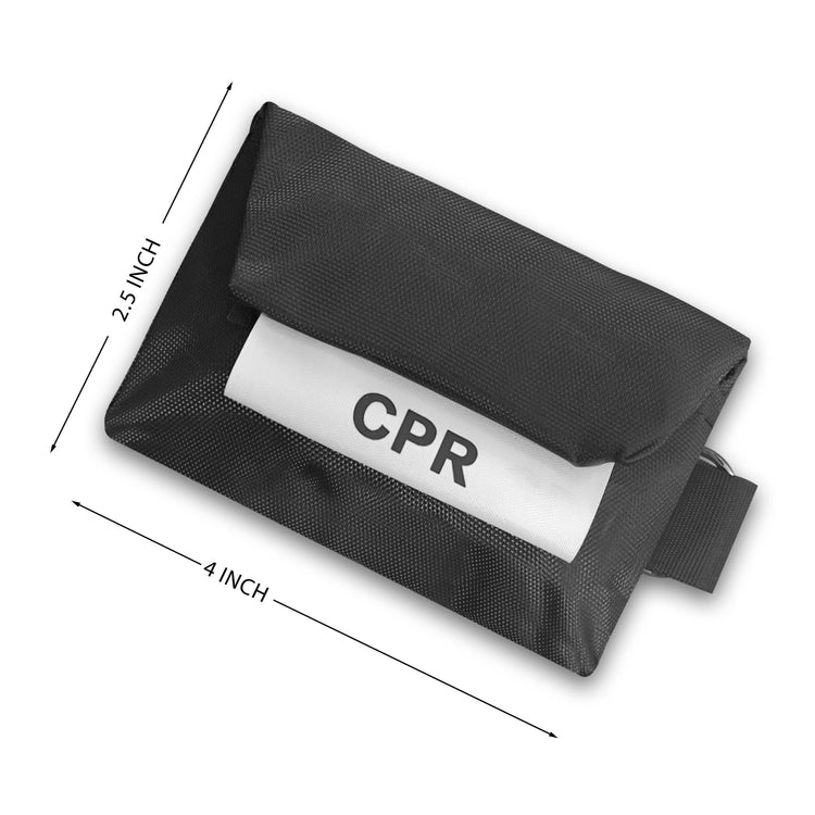 A black CPR pouch with dimension lines indicating it measures 4 inches in width and 2.5 inches in height.