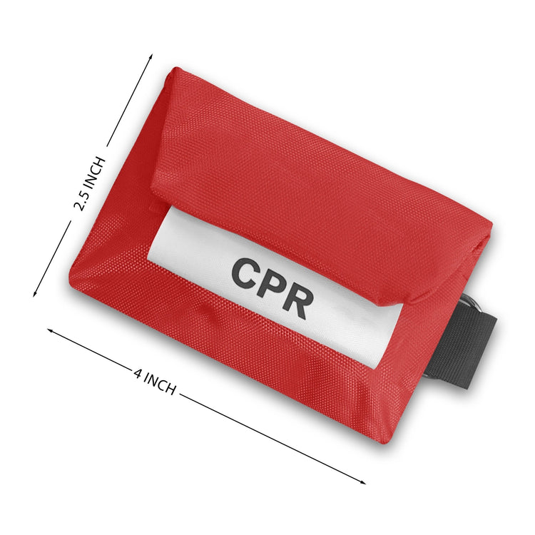 A red CPR pouch with dimension lines indicating it measures 4 inches in width and 2.5 inches in height.