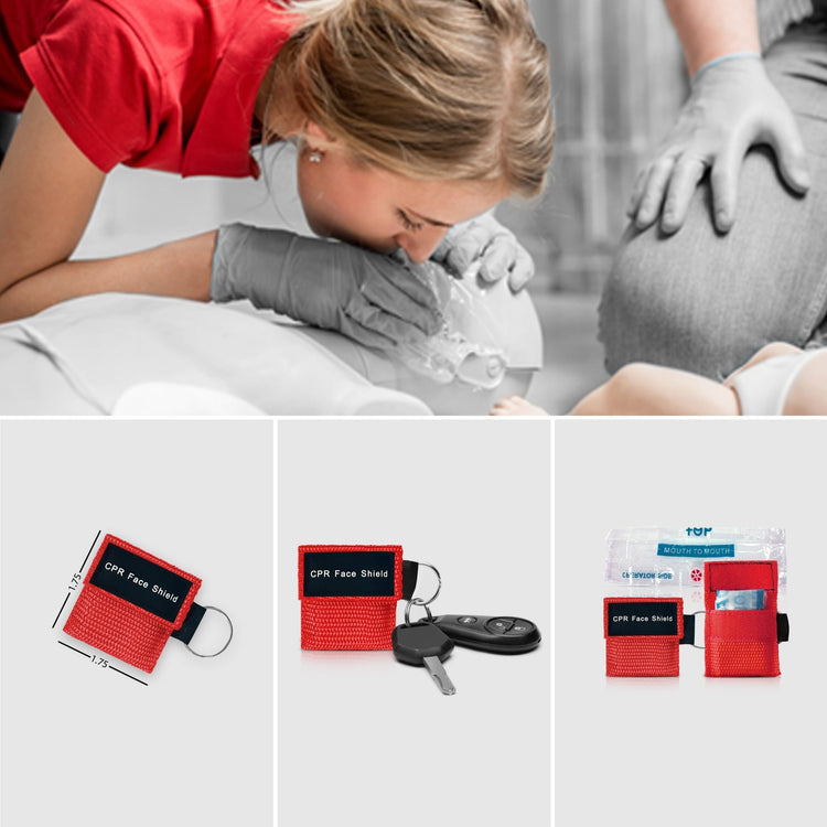 A collage image showing the CPR face shield. The top photo shows a person performing CPR on a dummy using the transparent shield. Bottom images show the red keychain pouch with dimensions marked as 1.75 inches square, the pouch attached to a set of car keys, and the pouch opened to reveal the folded plastic face shield inside.