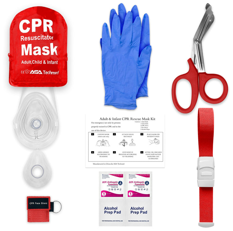 A flat lay display of a single CPR rescue kit. The image shows a red zippered pouch labeled "CPR Resuscitator Mask," a clear CPR mask inside a hard clear case, a pair of blue nitrile gloves, red-handled trauma shears, a red elastic tourniquet, alcohol prep pads, antiseptic towelettes, and a small red keychain face shield.