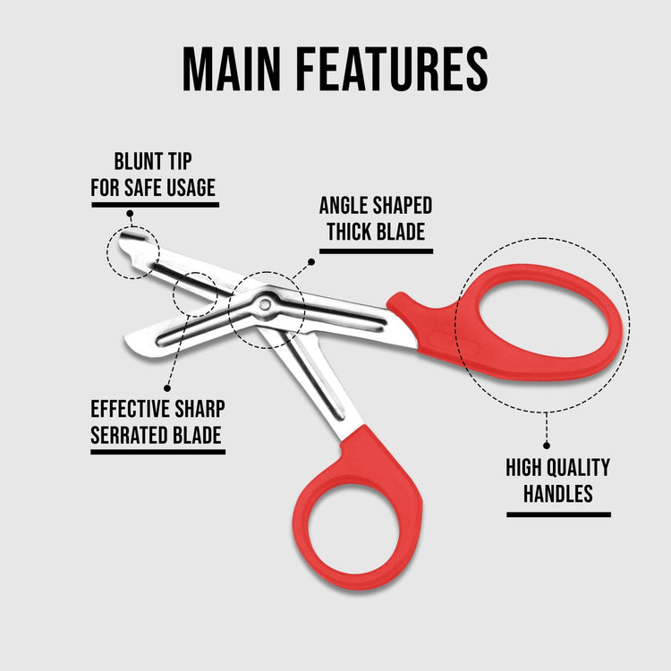 A diagram titled "Main Features" displaying the medical trauma shears. Dotted lines point to specific parts with text descriptions: "Blunt tip for safe usage," "Effective sharp serrated blade," "Angle shaped thick blade," and red "High quality handles."