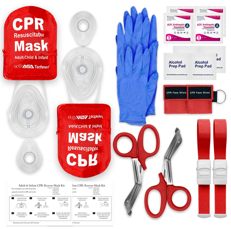 A flat lay display of a 2-pack CPR rescue kit. The contents include two red zippered pouches, two clear CPR masks in hard cases, two pairs of red-handled shears, two red tourniquets, two red keychain face shields, several pairs of blue nitrile gloves, and multiple packets of alcohol prep pads and antiseptic towelettes.