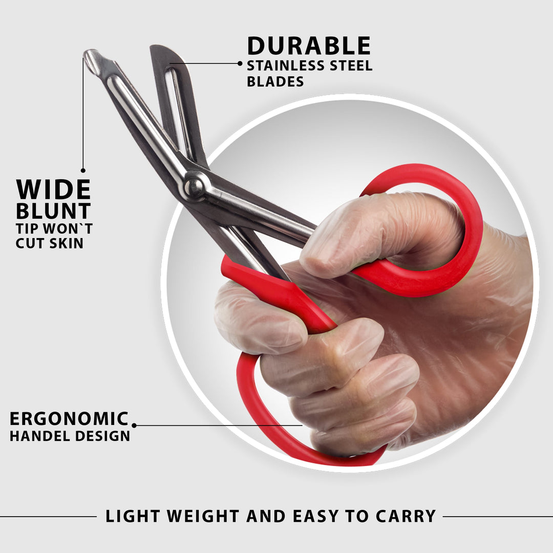 A close-up promotional image of a hand wearing a clear glove holding a pair of medical trauma shears with red handles. Black lines point to specific features with text descriptions: "Wide blunt tip won't cut skin," "Durable stainless steel blades," and "Ergonomic handel design." Text at the bottom reads "Light weight and easy to carry."