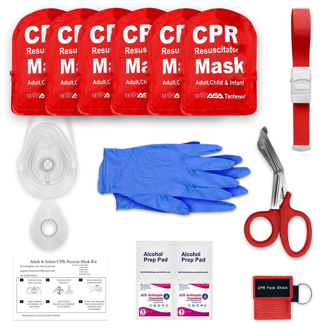 A product image showing a bulk set of six red CPR Resuscitator Mask pouches lined up in a row at the top. Below them, the contents of a single kit are displayed to show what fits inside: a clear CPR mask, a pair of blue nitrile gloves, red-handled trauma shears, a red tourniquet, alcohol prep pads, and a red keychain face shield.