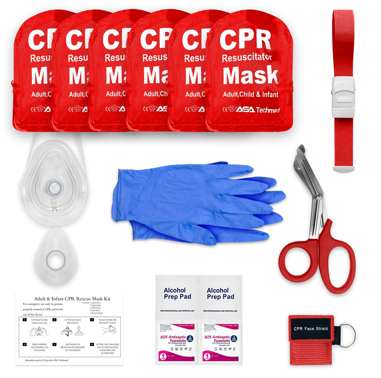 A product image showing a bulk set of six red CPR Resuscitator Mask pouches lined up in a row at the top. Below them, the contents of a single kit are displayed to show what fits inside: a clear CPR mask, a pair of blue nitrile gloves, red-handled trauma shears, a red tourniquet, alcohol prep pads, and a red keychain face shield.