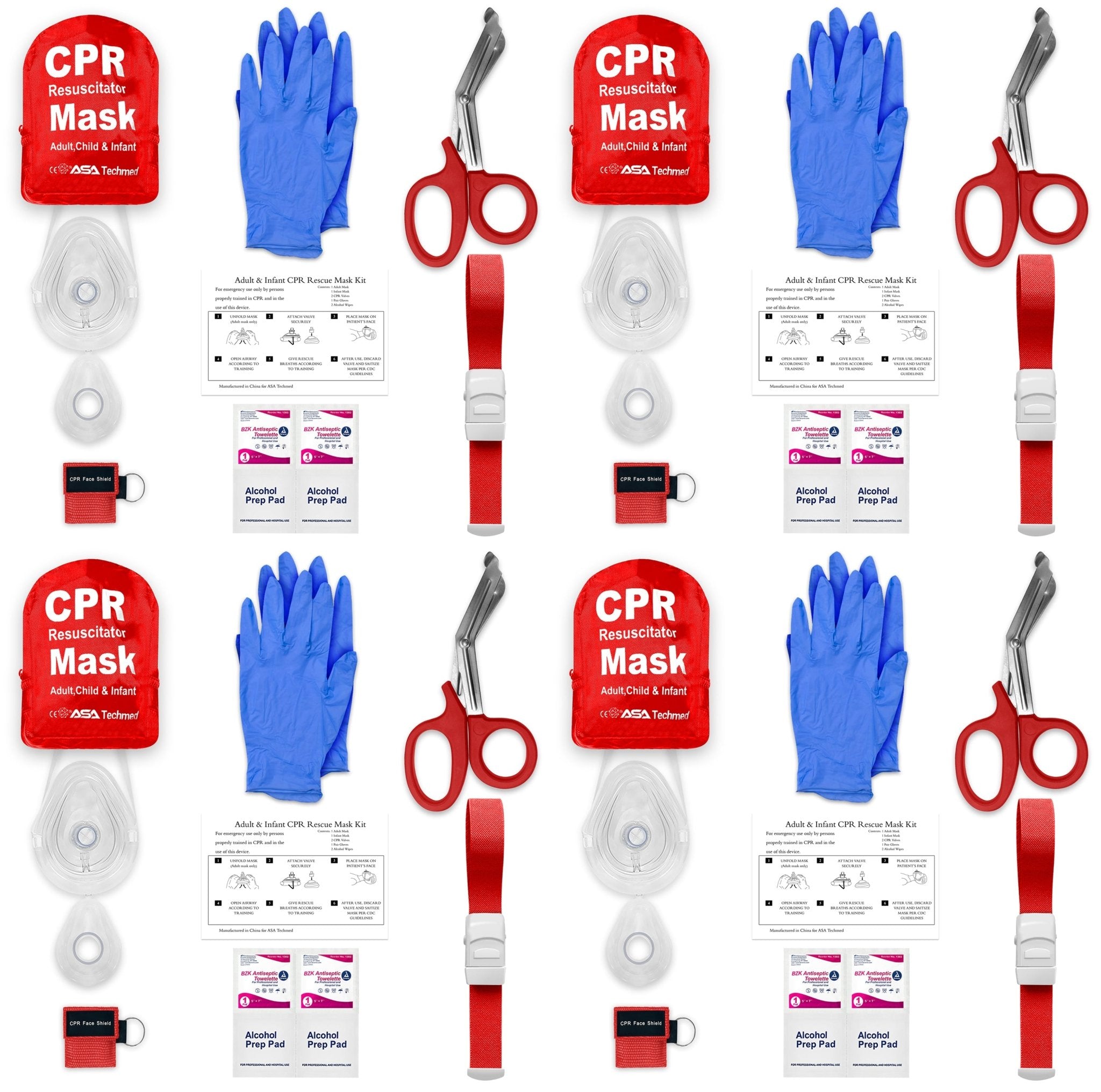 A product display showing four complete CPR rescue mask kits arranged in columns. Each identical set includes a red zippered nylon pouch labeled "CPR Resuscitator Mask," a hard plastic case containing a clear mask, a pair of blue nitrile gloves, red-handled trauma shears, a red elastic tourniquet, alcohol prep pads, antiseptic towelettes, and a small red keychain pouch labeled "CPR Face Shield."