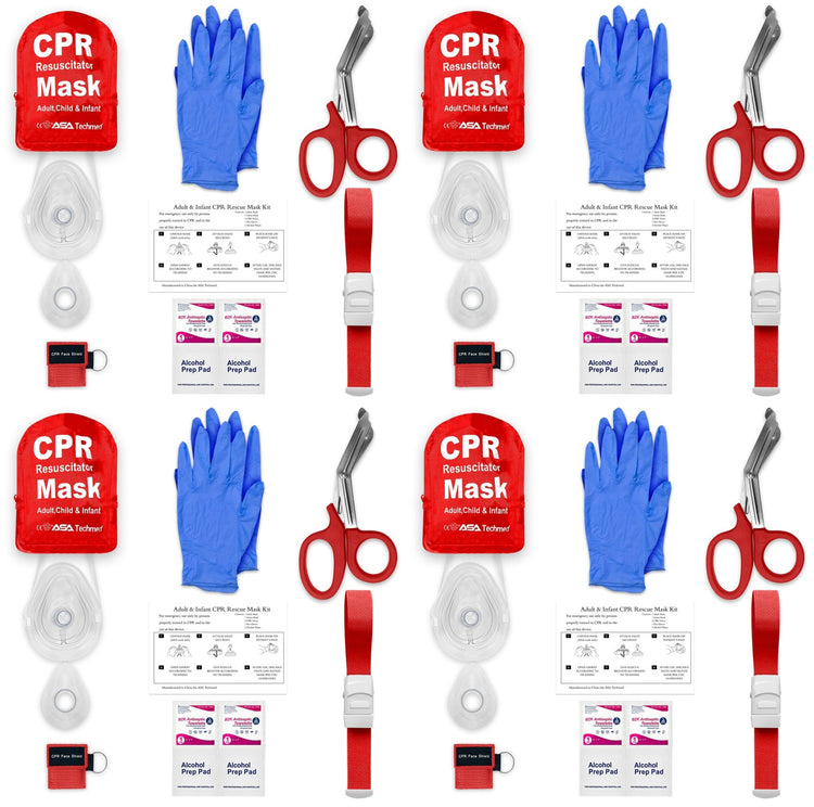 A product display showing four complete CPR rescue mask kits arranged in columns. Each identical set includes a red zippered nylon pouch labeled "CPR Resuscitator Mask," a hard plastic case containing a clear mask, a pair of blue nitrile gloves, red-handled trauma shears, a red elastic tourniquet, alcohol prep pads, antiseptic towelettes, and a small red keychain pouch labeled "CPR Face Shield."