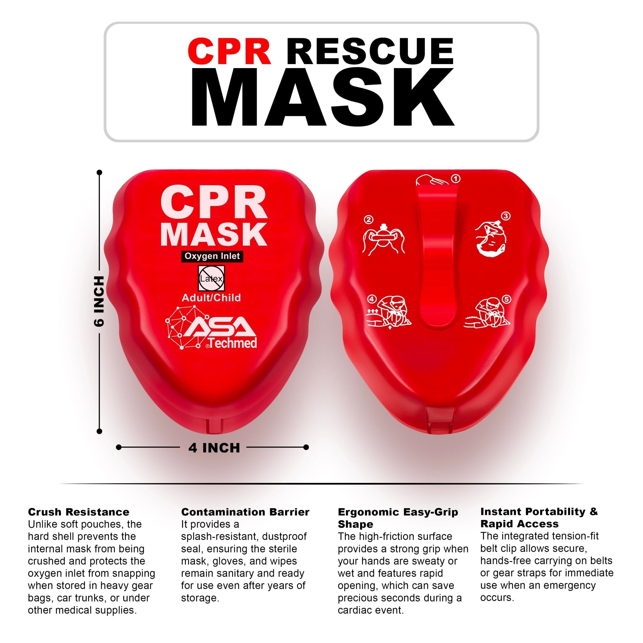 CPR Rescue Mask Kit with Belt Clip - Adult & Infant Pocket Resuscitator - ASA TECHMED