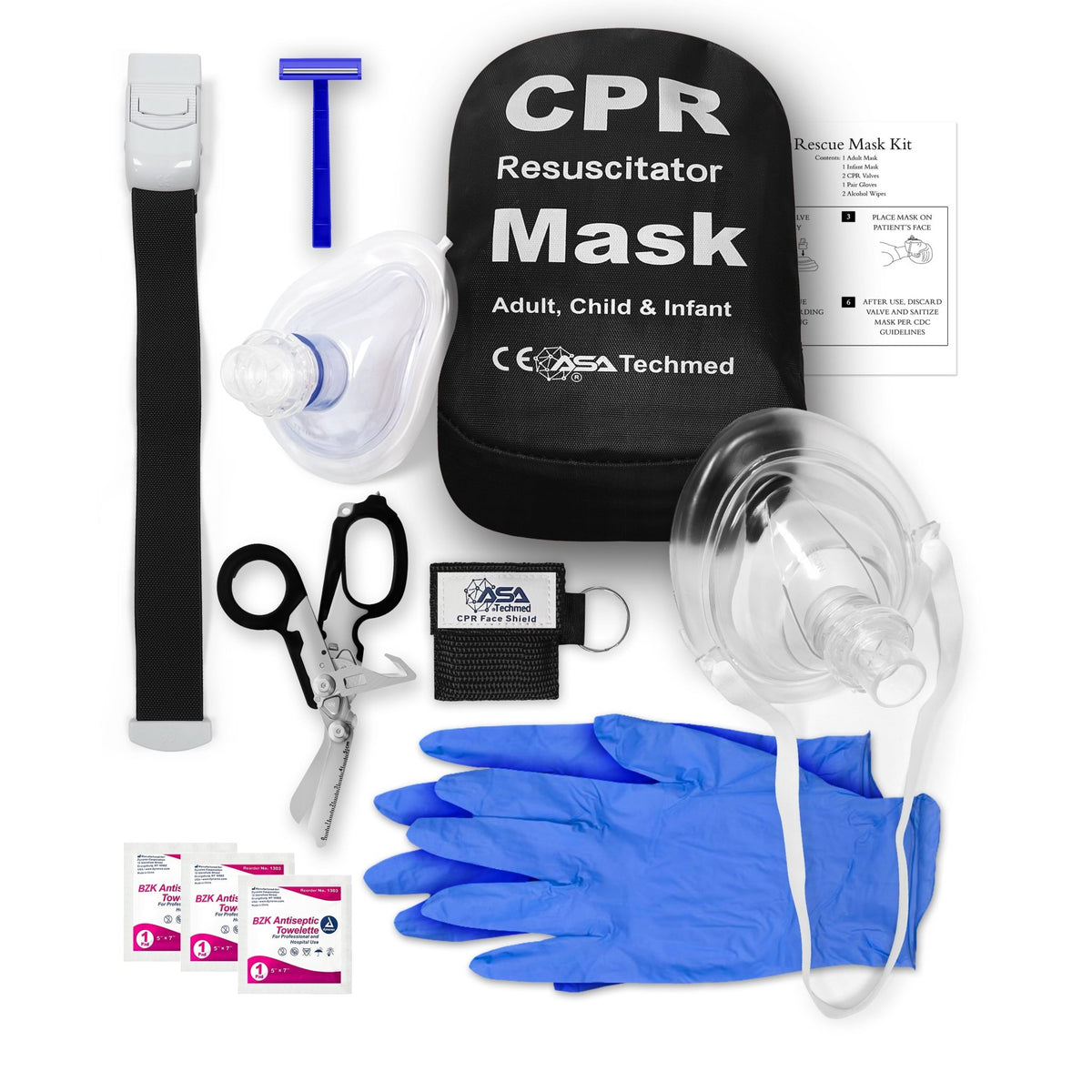 CPR Rescue Mask Pocket Kit - Shears, Tourniquet & AED Razor - ASA TECHMED