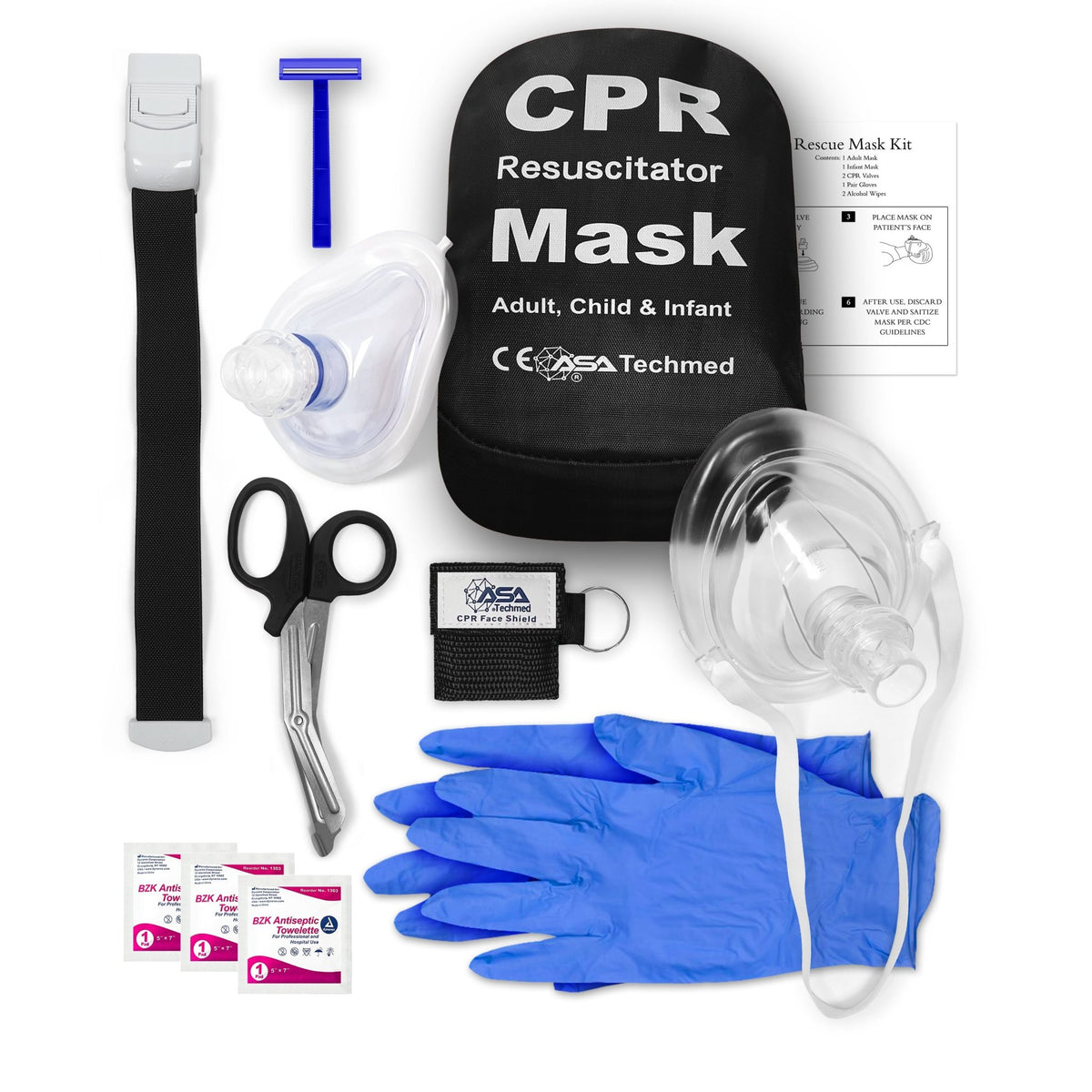 CPR Rescue Mask Pocket Kit - Shears, Tourniquet & AED Razor - ASA TECHMED