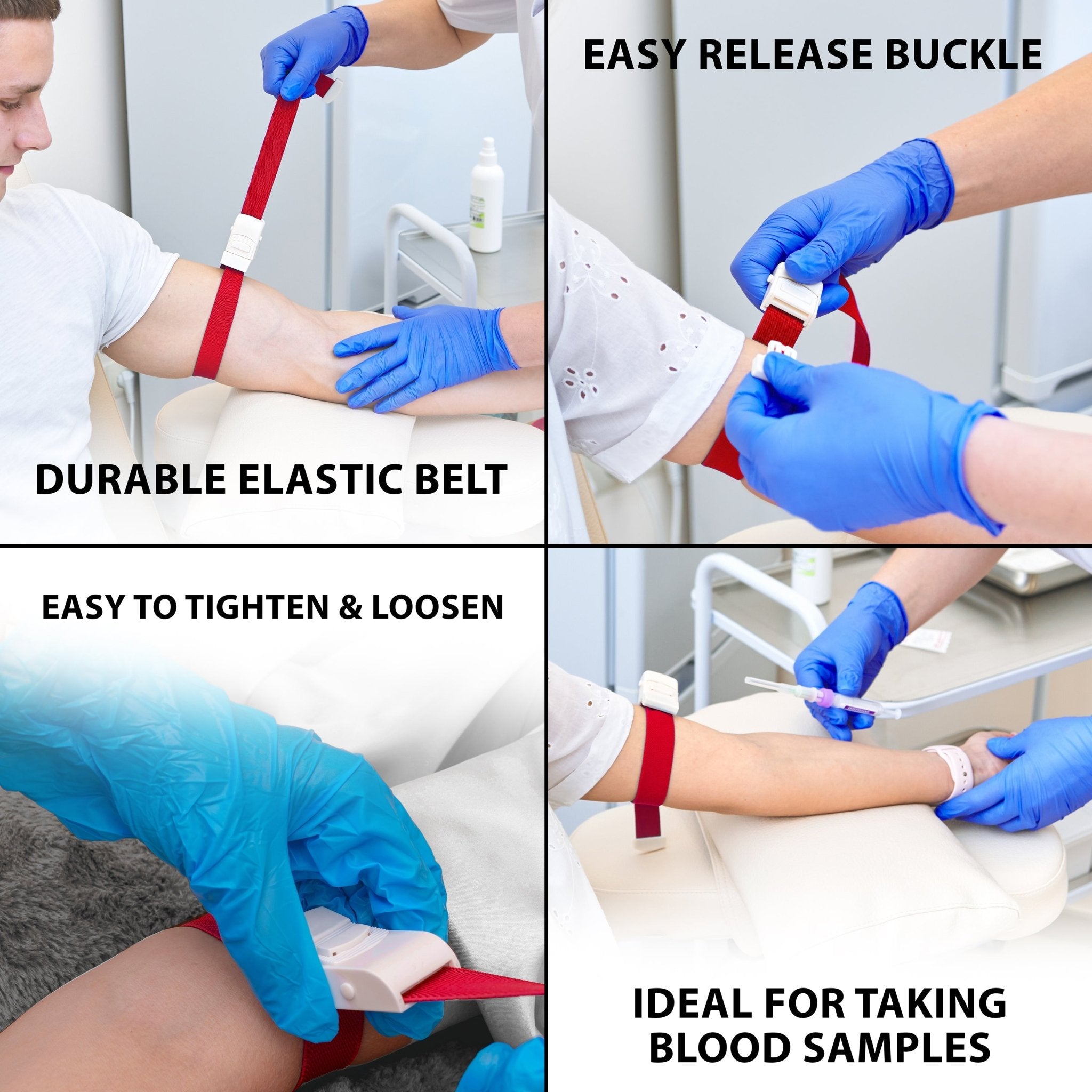 A four-panel instructional image showing how to use the red elastic tourniquet. Captions describe the features: "Durable Elastic Belt" showing the band around an arm, "Easy Release Buckle" showing the plastic clasp, "Easy to Tighten & Loosen" demonstrating the strap adjustment, and "Ideal for Taking Blood Samples" showing the tourniquet secured on a patient's arm during a medical procedure.