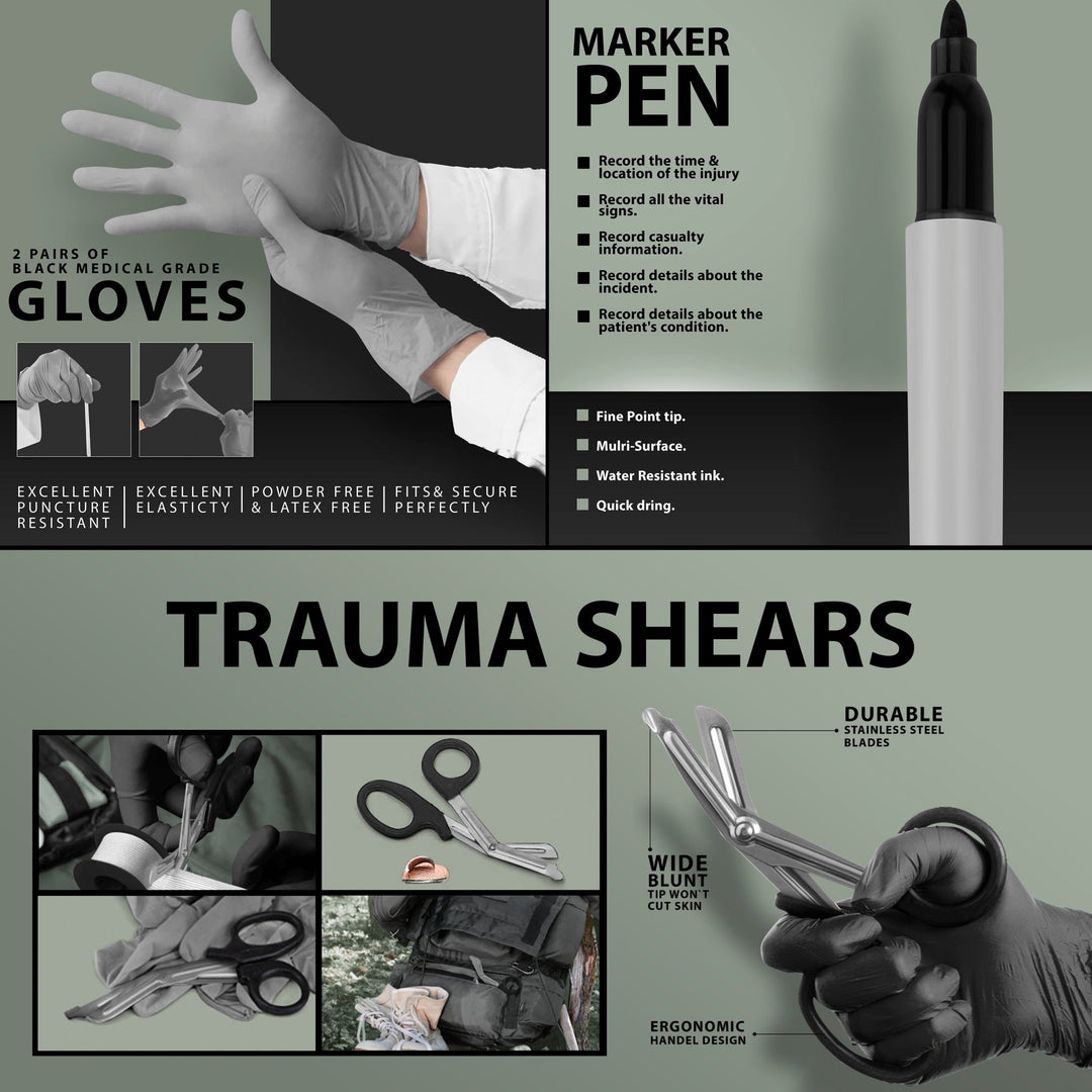 A split infographic describing two kit components. On the left, a section titled "2 PAIRS OF BLACK MEDICAL GRADE GLOVES" shows hands putting on gloves, with text highlighting features like "Excellent Puncture Resistant," "Powder Free & Latex Free," and "Fits & Secure Perfectly." On the right, a section titled "MARKER PEN" shows a close-up of a black permanent marker, listing uses such as recording the time of injury, vital signs, casualty information, and incident details.