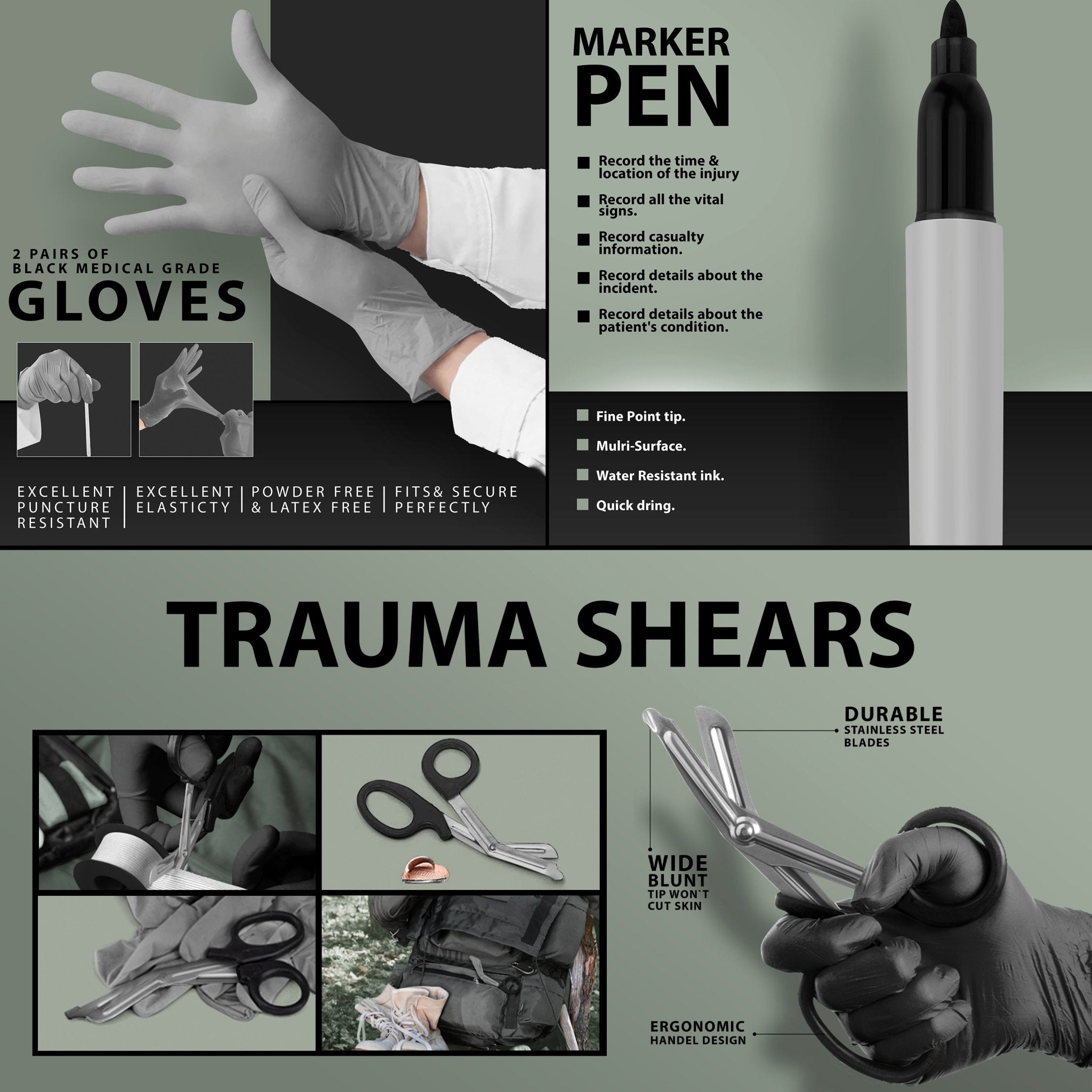 A split infographic describing two kit components. On the left, a section titled "2 PAIRS OF BLACK MEDICAL GRADE GLOVES" shows hands putting on gloves, with text highlighting features like "Excellent Puncture Resistant," "Powder Free & Latex Free," and "Fits & Secure Perfectly." On the right, a section titled "MARKER PEN" shows a close-up of a black permanent marker, listing uses such as recording the time of injury, vital signs, casualty information, and incident details.