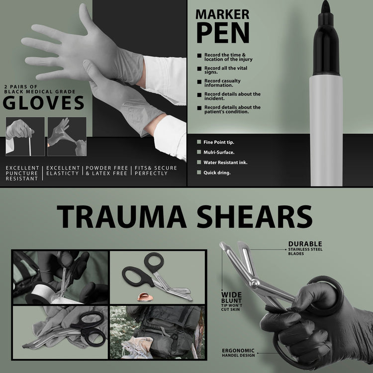 A split infographic describing two kit components. On the left, a section titled "2 PAIRS OF BLACK MEDICAL GRADE GLOVES" shows hands putting on gloves, with text highlighting features like "Excellent Puncture Resistant," "Powder Free & Latex Free," and "Fits & Secure Perfectly." On the right, a section titled "MARKER PEN" shows a close-up of a black permanent marker, listing uses such as recording the time of injury, vital signs, casualty information, and incident details.