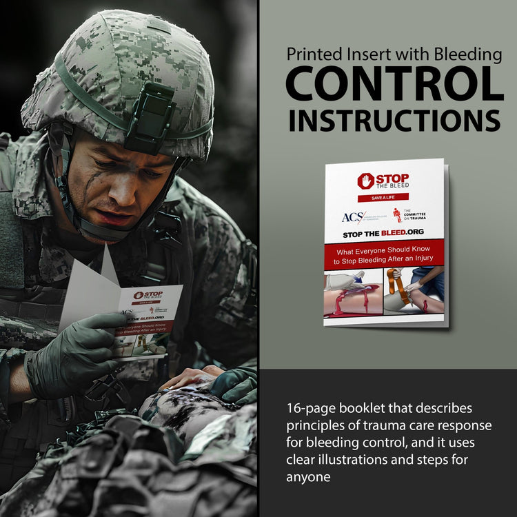 An image focusing on the "Printed Insert with Bleeding CONTROL INSTRUCTIONS." On the left, a soldier in tactical gear is shown reading the booklet in a field environment. On the right is the cover of the "Stop the Bleed" booklet. Text at the bottom describes it as a "16-page booklet that describes principles of trauma care response for bleeding control, and it uses clear illustrations and steps for anyone."