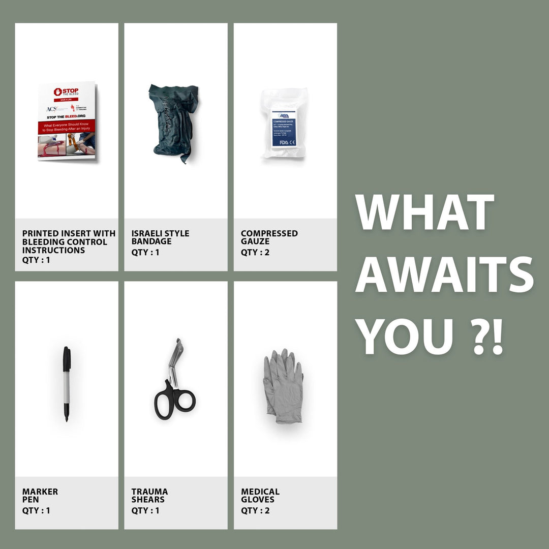 A promotional graphic titled "WHAT AWAITS YOU ?!" displaying the contents of a trauma kit laid out in a grid. The items listed with their quantities are: one printed insert with bleeding control instructions, one Israeli-style bandage in green packaging, two packages of compressed gauze, one black marker pen, one pair of black trauma shears, and two pairs of medical gloves.