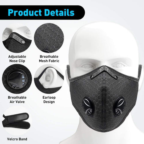 Cycling Dust Mask Sports Face Cover Mask with 6 Filters - Black - ASA TECHMED