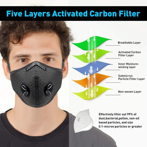Cycling Dust Mask Sports Face Cover Mask with 6 Filters - Black - ASA TECHMED