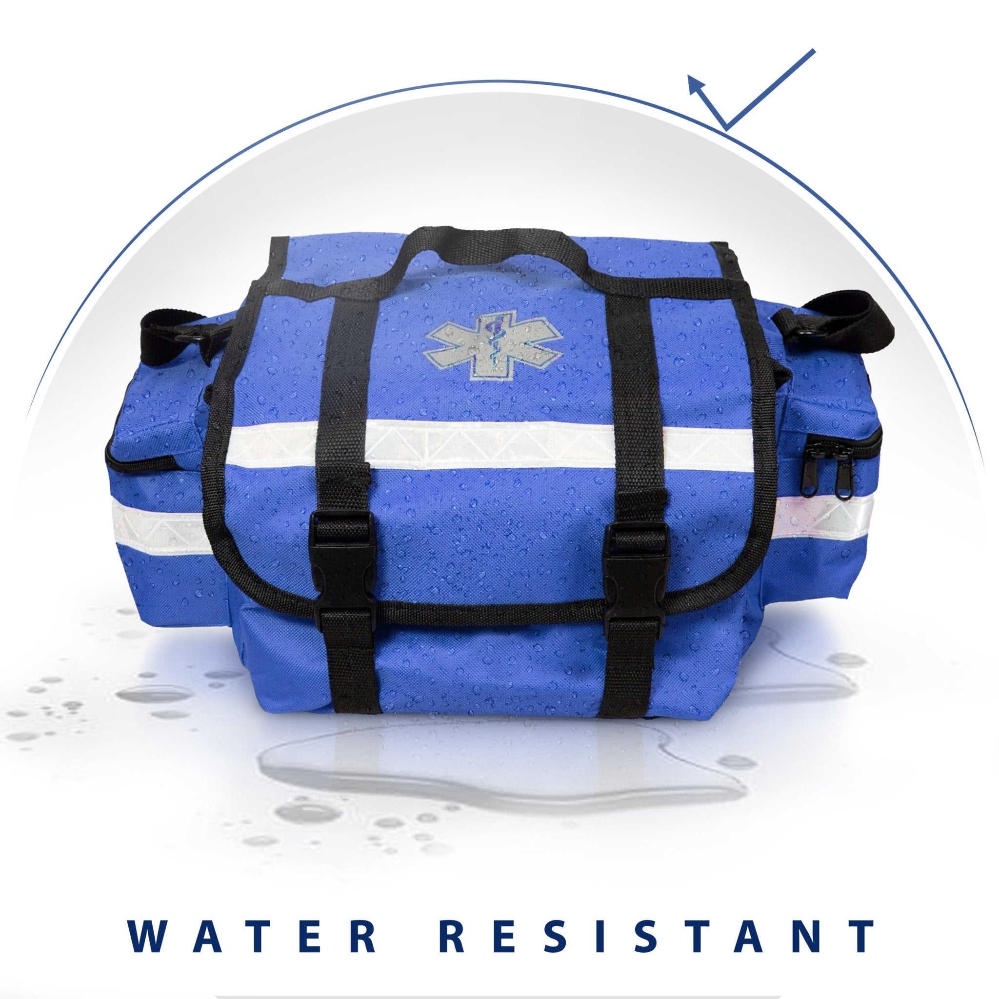 A blue medical bag shown with water droplets beading on its surface to demonstrate its durability. A graphic umbrella icon appears at the top, and the text "WATER RESISTANT" is displayed in bold at the bottom. The bag features a Star of Life symbol and black quick-release buckles.
