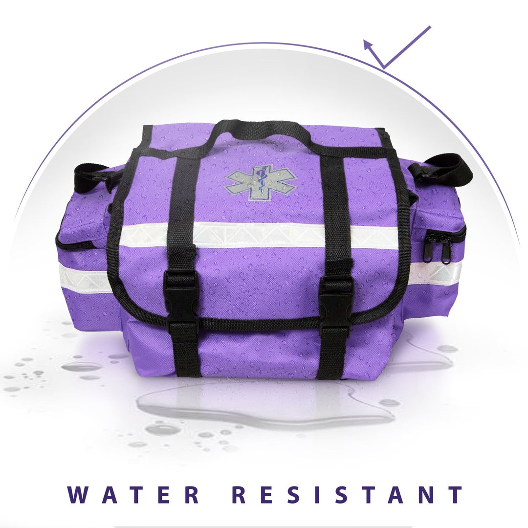 A purple medical bag shown with water droplets beading on its surface to demonstrate its durability. A graphic umbrella icon appears at the top, and the text "WATER RESISTANT" is displayed in bold at the bottom. The bag features a Star of Life symbol and black quick-release buckles.