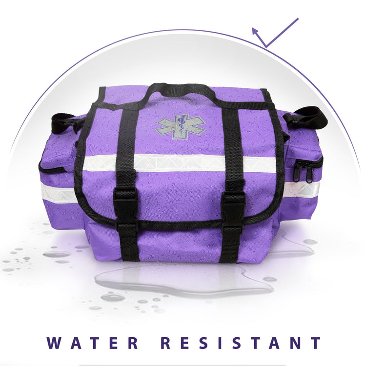 A purple medical bag shown with water droplets beading on its surface to demonstrate its durability. A graphic umbrella icon appears at the top, and the text "WATER RESISTANT" is displayed in bold at the bottom. The bag features a Star of Life symbol and black quick-release buckles.