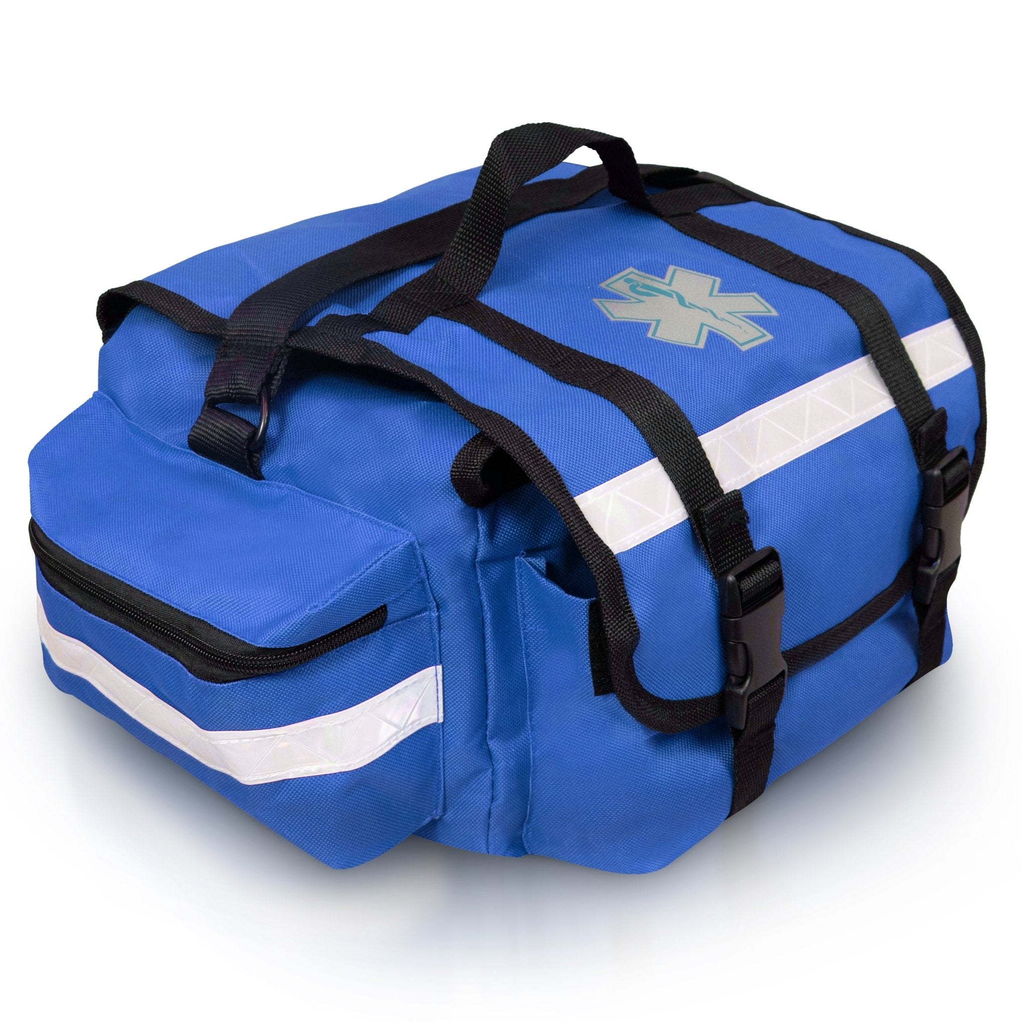 An angled side view of the blue first responder bag, highlighting one of the large zippered side pockets. The image details the silver reflective safety strip running across the pocket and the sturdy black webbing of the carrying handles.