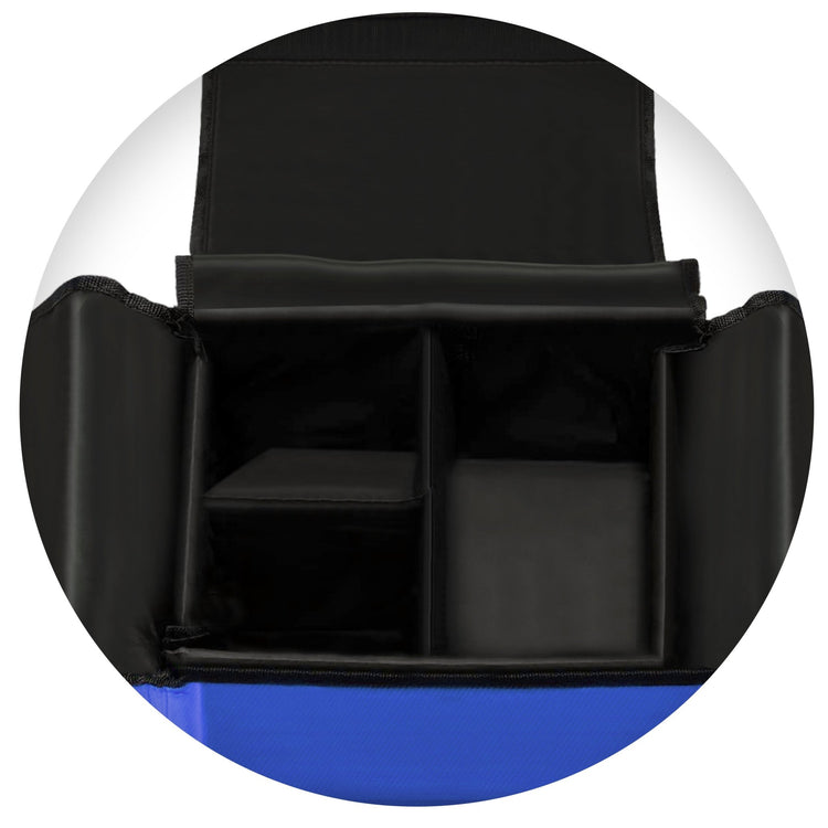 Top-down view looking into the open main compartment of the blue medical bag. The interior is lined in black and features padded dividers that separate the space into three distinct sections for organizing medical supplies.