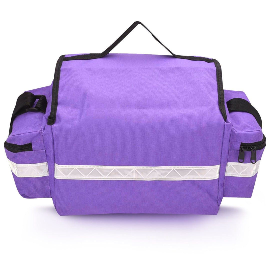The back view of the purple medical bag. This angle shows a full-width reflective safety strip, the rear construction of the side pockets, and the D-rings attached for the shoulder strap.