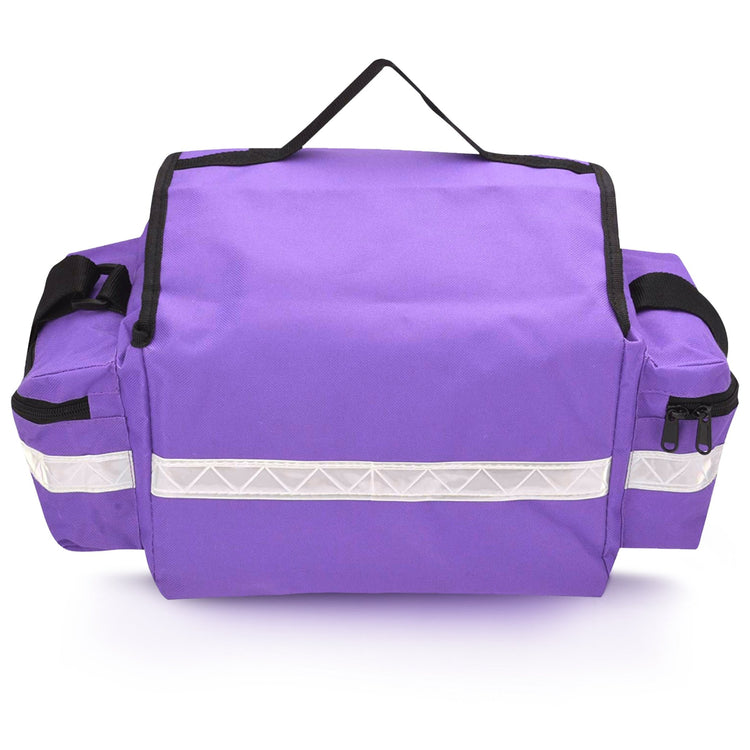 The back view of the purple medical bag. This angle shows a full-width reflective safety strip, the rear construction of the side pockets, and the D-rings attached for the shoulder strap.