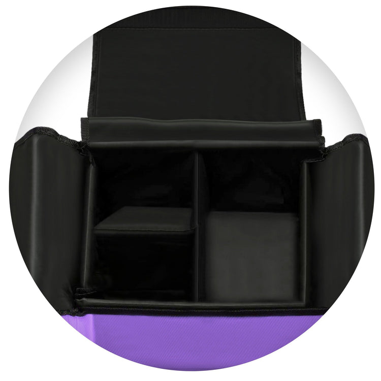 Top-down view looking into the open main compartment of the purple medical bag. The interior is lined in black and features padded dividers that separate the space into three distinct sections for organizing medical supplies.