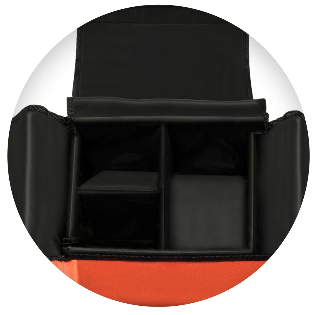 Top-down view looking into the open main compartment of the orange medical bag. The interior is lined in black and features padded dividers that separate the space into three distinct sections for organizing medical supplies.