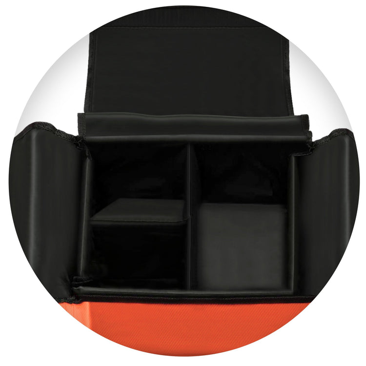 Top-down view looking into the open main compartment of the orange medical bag. The interior is lined in black and features padded dividers that separate the space into three distinct sections for organizing medical supplies.
