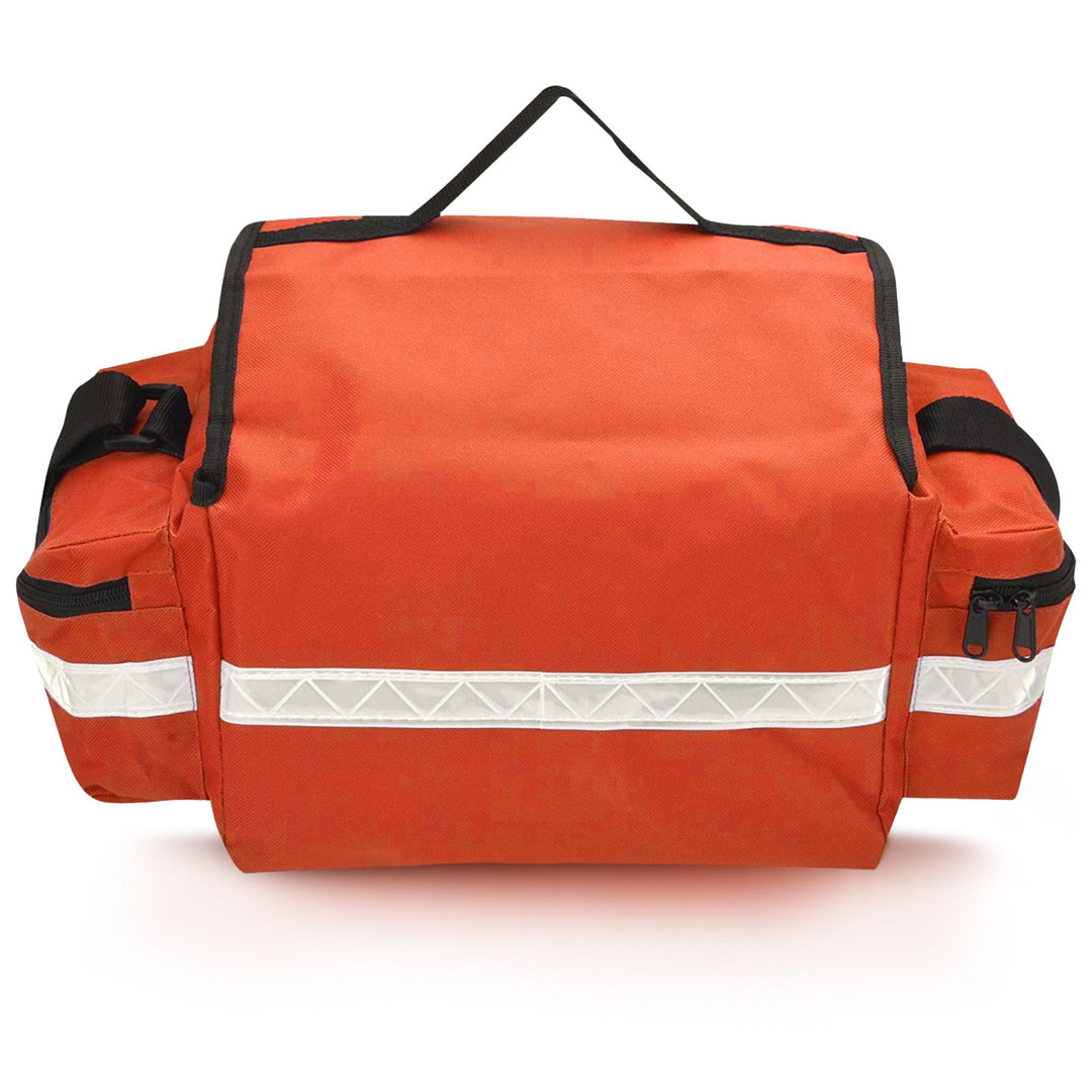 The back view of the orange medical bag. This angle shows a full-width reflective safety strip, the rear construction of the side pockets, and the D-rings attached for the shoulder strap.