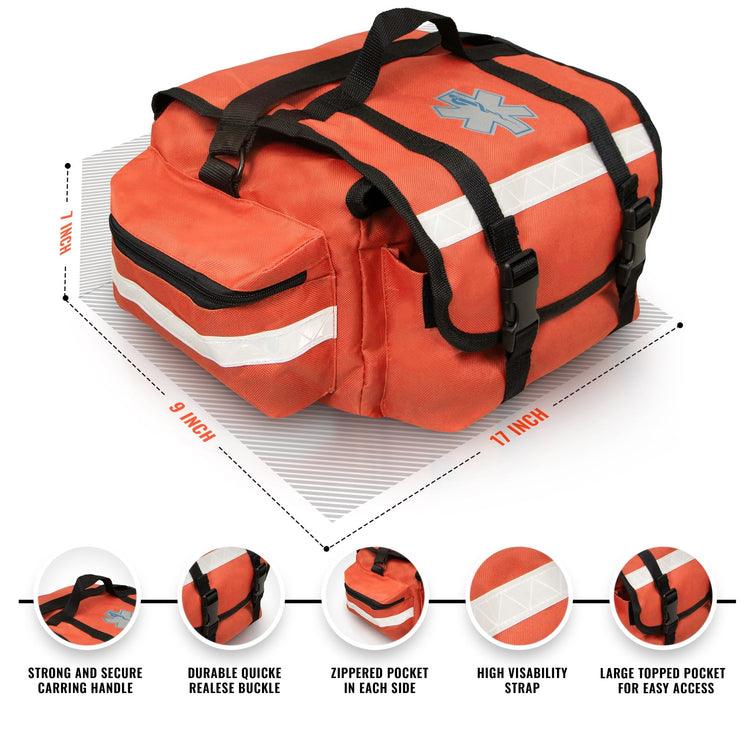 An infographic displaying the dimensions and key features of the bag. The measurements are listed as 17 inches wide, 9 inches deep, and 7 inches high. Circular callouts highlight specific features: "Strong and secure carrying handle," "Durable quick release buckle," "Zippered pocket in each side," "High visibility strap," and "Large topped pocket for easy access."