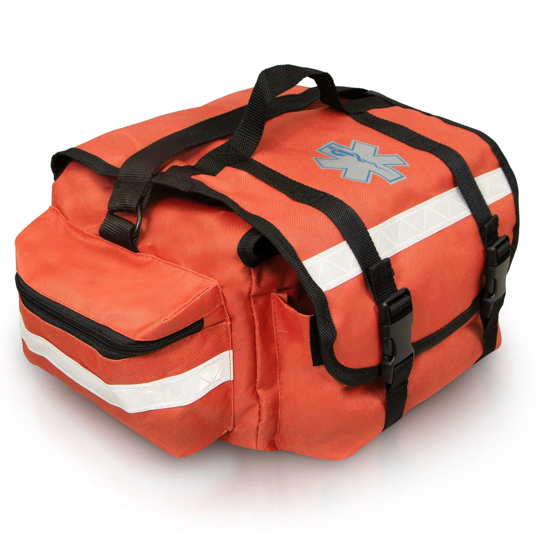 An angled side view of the orange first responder bag, highlighting one of the large zippered side pockets. The image details the silver reflective safety strip running across the pocket and the sturdy black webbing of the carrying handles.