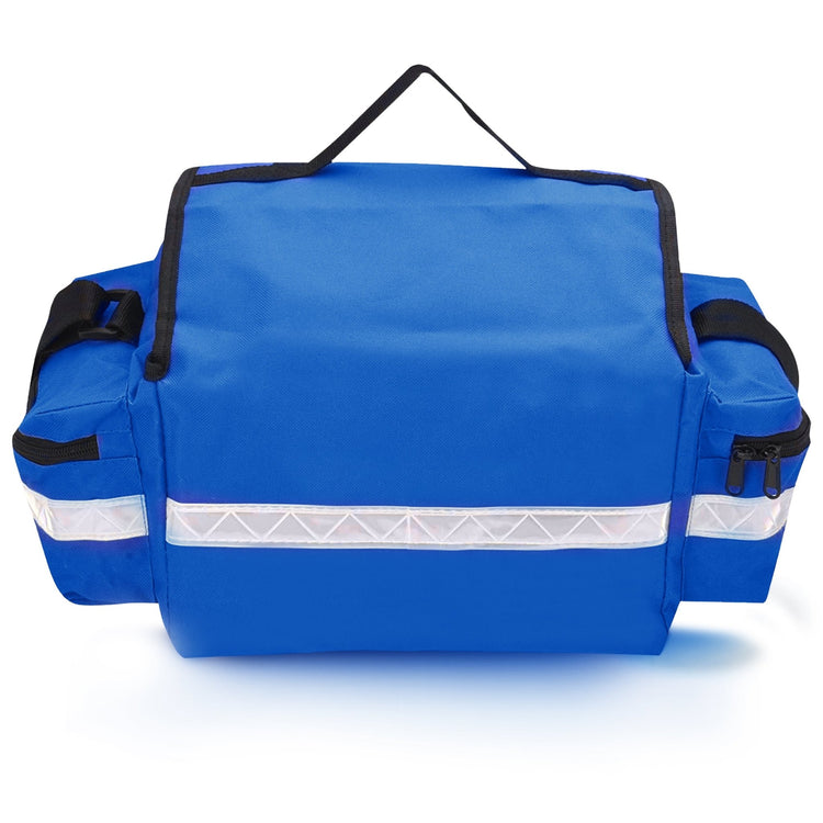 The back view of the blue medical bag. This angle shows a full-width reflective safety strip, the rear construction of the side pockets, and the D-rings attached for the shoulder strap.
