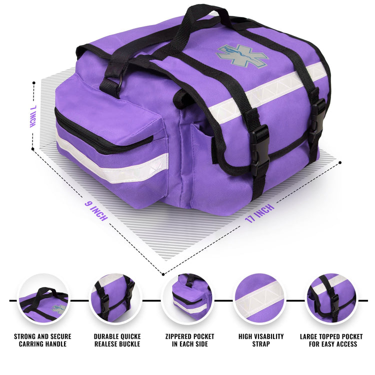 An infographic displaying the dimensions and key features of the bag. The measurements are listed as 17 inches wide, 9 inches deep, and 7 inches high. Circular callouts highlight specific features: "Strong and secure carrying handle," "Durable quick release buckle," "Zippered pocket in each side," "High visibility strap," and "Large topped pocket for easy access."