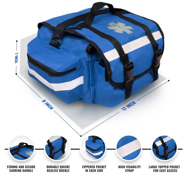 An infographic displaying the dimensions and key features of the bag. The measurements are listed as 17 inches wide, 9 inches deep, and 7 inches high. Circular callouts highlight specific features: "Strong and secure carrying handle," "Durable quick release buckle," "Zippered pocket in each side," "High visibility strap," and "Large topped pocket for easy access."