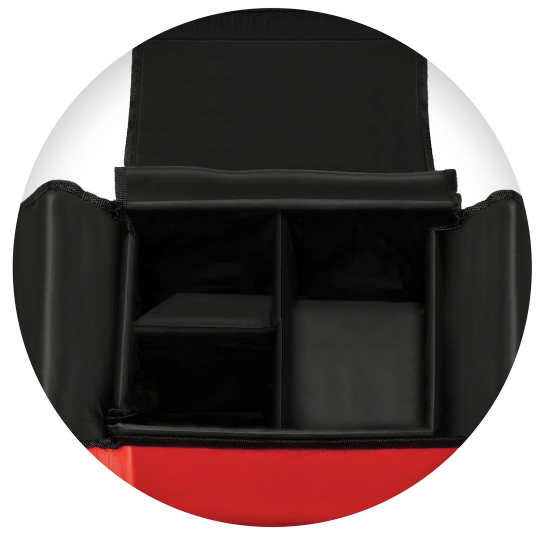 Top-down view looking into the open main compartment of the red medical bag. The interior is lined in black and features padded dividers that separate the space into three distinct sections for organizing medical supplies.