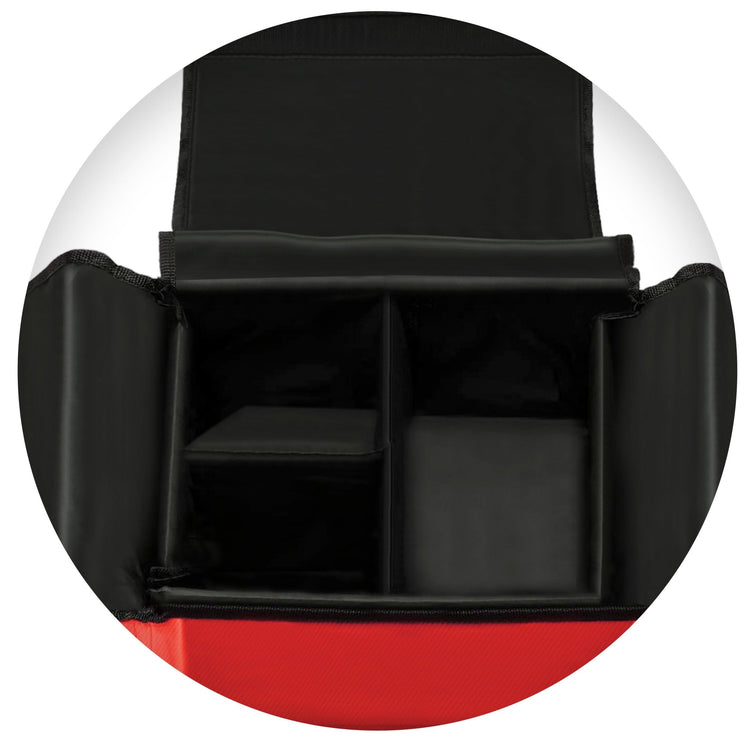 Top-down view looking into the open main compartment of the red medical bag. The interior is lined in black and features padded dividers that separate the space into three distinct sections for organizing medical supplies.