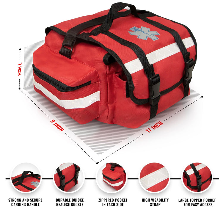 An infographic displaying the dimensions and key features of the bag. The measurements are listed as 17 inches wide, 9 inches deep, and 7 inches high. Circular callouts highlight specific features: "Strong and secure carrying handle," "Durable quick release buckle," "Zippered pocket in each side," "High visibility strap," and "Large topped pocket for easy access."
