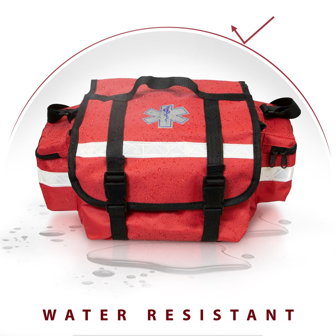 A red medical bag shown with water droplets beading on its surface to demonstrate its durability. A graphic umbrella icon appears at the top, and the text "WATER RESISTANT" is displayed in bold at the bottom. The bag features a Star of Life symbol and black quick-release buckles.