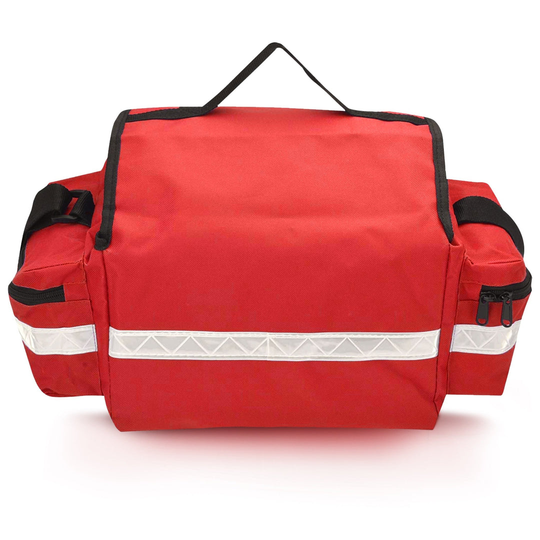 The back view of the red medical bag. This angle shows a full-width reflective safety strip, the rear construction of the side pockets, and the D-rings attached for the shoulder strap.