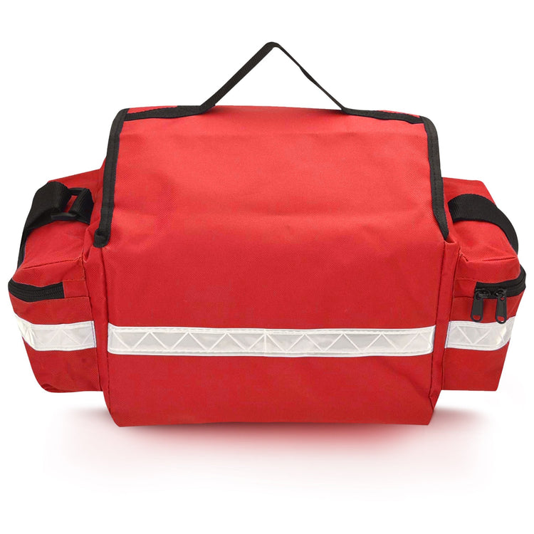The back view of the red medical bag. This angle shows a full-width reflective safety strip, the rear construction of the side pockets, and the D-rings attached for the shoulder strap.