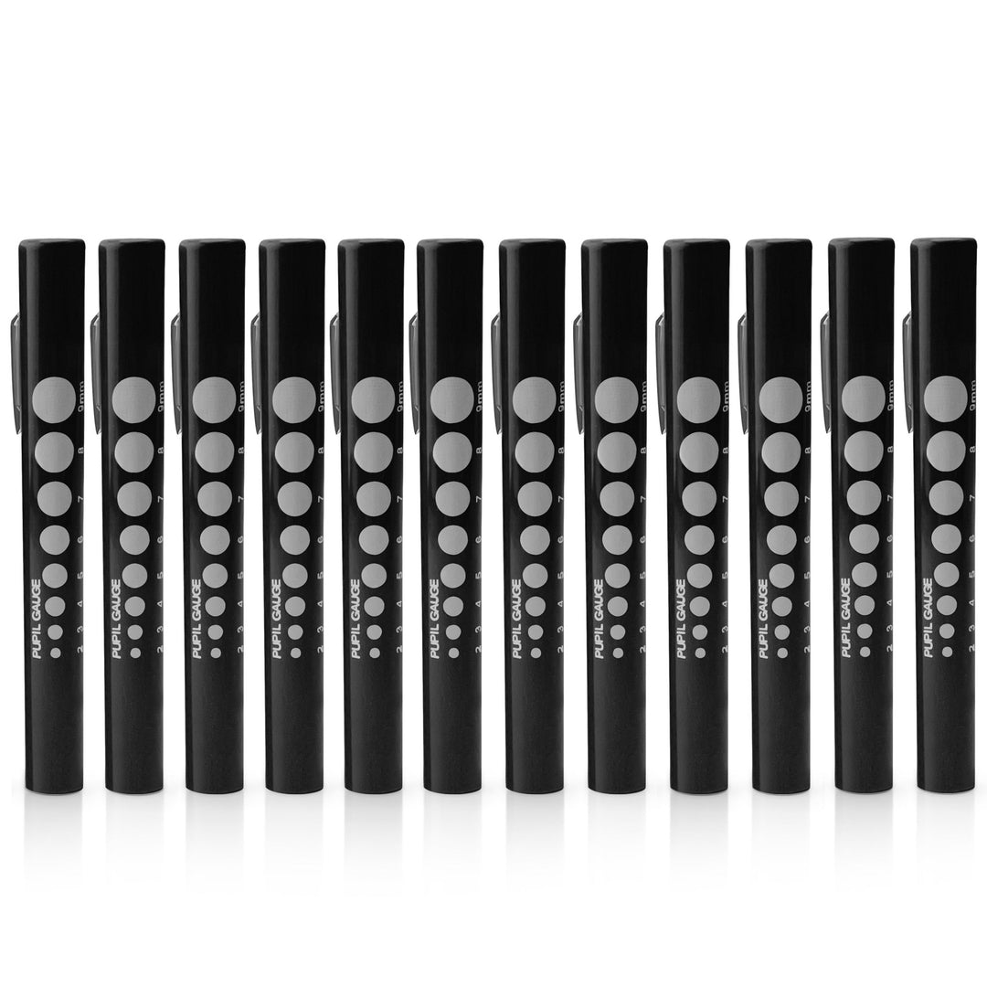 Twelve identical black medical pen lights lined up in a row. Each pen features a silver metal pocket clip and a blue pupil gauge scale ranging from 2mm to 9mm printed on the side.