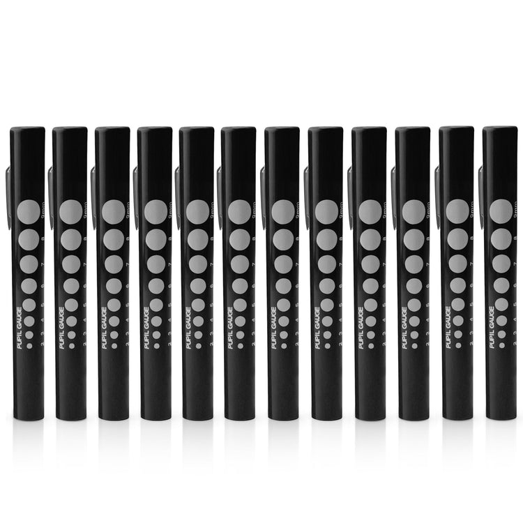 Twelve identical black medical pen lights lined up in a row. Each pen features a silver metal pocket clip and a blue pupil gauge scale ranging from 2mm to 9mm printed on the side.