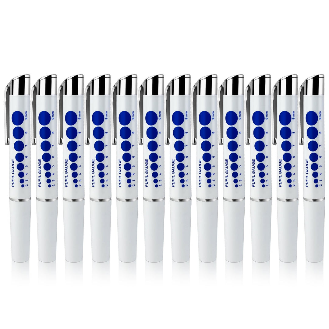 Twelve identical white reusable medical pen lights lined up in a row. Each pen features a silver metal pocket clip and a blue pupil gauge scale ranging from 2mm to 9mm printed on the side.