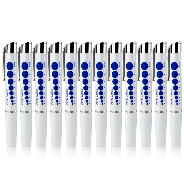 Twelve identical white reusable medical pen lights lined up in a row. Each pen features a silver metal pocket clip and a blue pupil gauge scale ranging from 2mm to 9mm printed on the side.