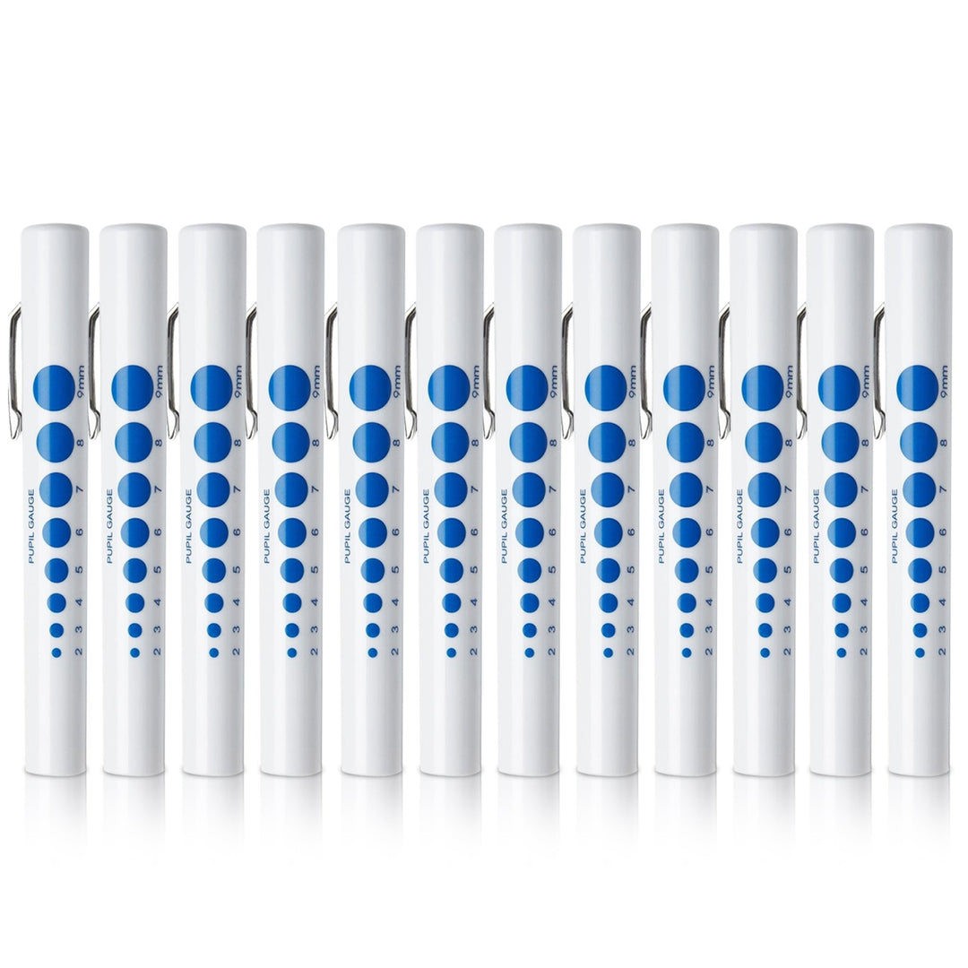 Twelve identical white disposable medical pen lights lined up in a row. Each pen features a silver metal pocket clip and a blue pupil gauge scale ranging from 2mm to 9mm printed on the side.